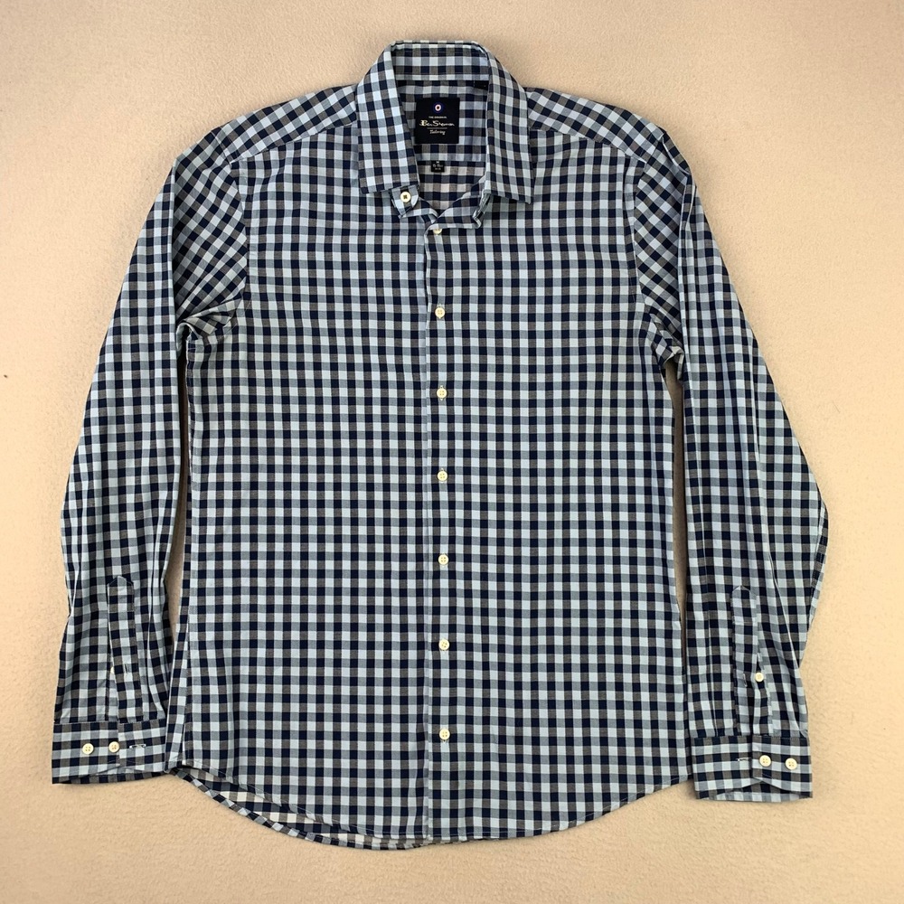 Ben Sherman Tailoring Dress Shirt Mens M Blue Gingham Long Sleeve Button Front